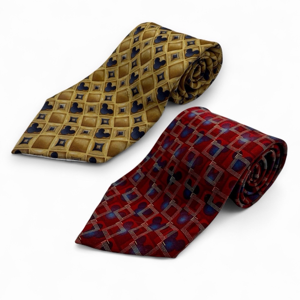 Lot Of 2 Vintage Walt Disney World Geometric Silk Ties Hidden Mickey Mouse